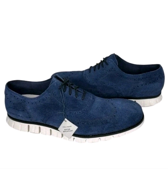 Cole Haan ZERØGRAND Wingtip Oxford Water Resistant Navy Blue Suede Shoe Size 9.5 - Picture 2 of 4